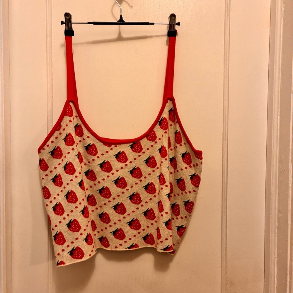 Strawberry Print Cream Crop Tank with Red Trim - Picture 2 of 3